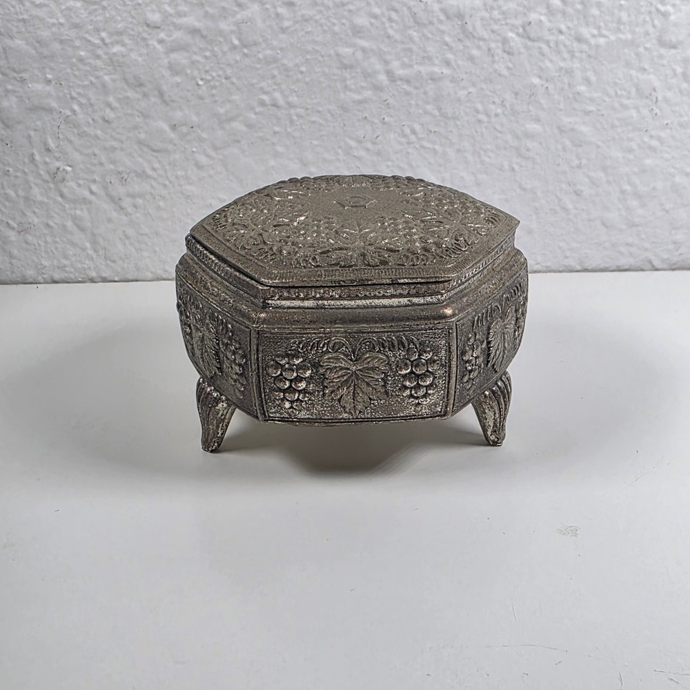 Vintage Ornate Hexagonal Trinket Box Jewelry Holder Made in Japan Silver Tone